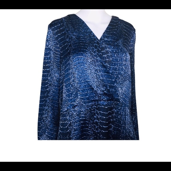 NWT HALSTON Tonal Snake Print V Neck Crossover Long Sleeve Dress Navy Blue Small - Picture 4 of 14